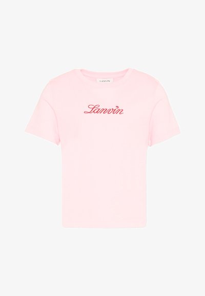 Light pink short-sleeve T-shirt with red "Lanvin" script logo embroidered on the chest and a round neckline.