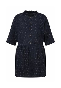 Abito blu navy con pois bianchi, apertura a bottoni sul davanti, colletto arricciato e maniche corte; vita aderente con gonna fluente.