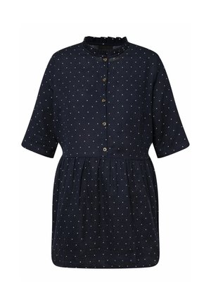 Marineblaues Kleid mit weißen Punkten, Knopfverschluss vorne, Rüschensaum und kurzen Ärmeln; tailliert mit fließendem Rock.