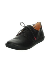 Chaussure en cuir noir à lacets avec bout arrondi, accent rouge discret et semelle flexible. Texture lisse avec des détails de couture minimes.