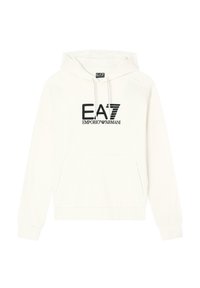 Witte hoodie van katoen met een voorzak, verstelbare trekkoordenkap en zwart "EA7 Emporio Armani" logo bedrukt op de borst.