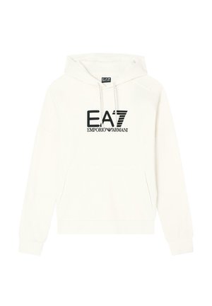 Vit huvtröja i bomull med framficka, justerbar dragsko i huvan och svart "EA7 Emporio Armani"-logotyp tryckt på bröstet.