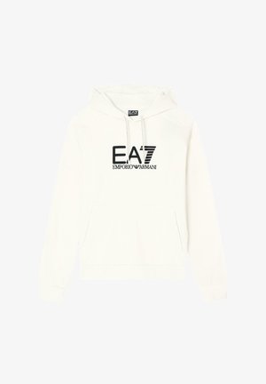 Felpa bianca in cotone con tasca frontale, cappuccio regolabile con cordino e logo nero "EA7 Emporio Armani" stampato sul petto.