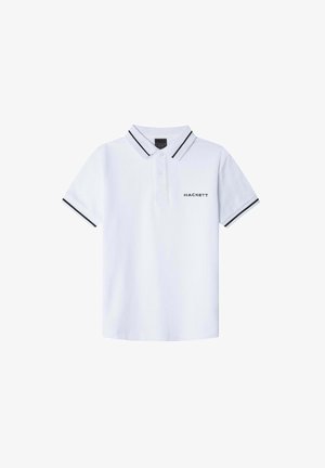Bijela polo majica s crnim detaljima na ovratniku i rukavima; sadrži prednji logo koji glasi "HACKETT." Izrađena je od teksturirane pamučne tkanine.