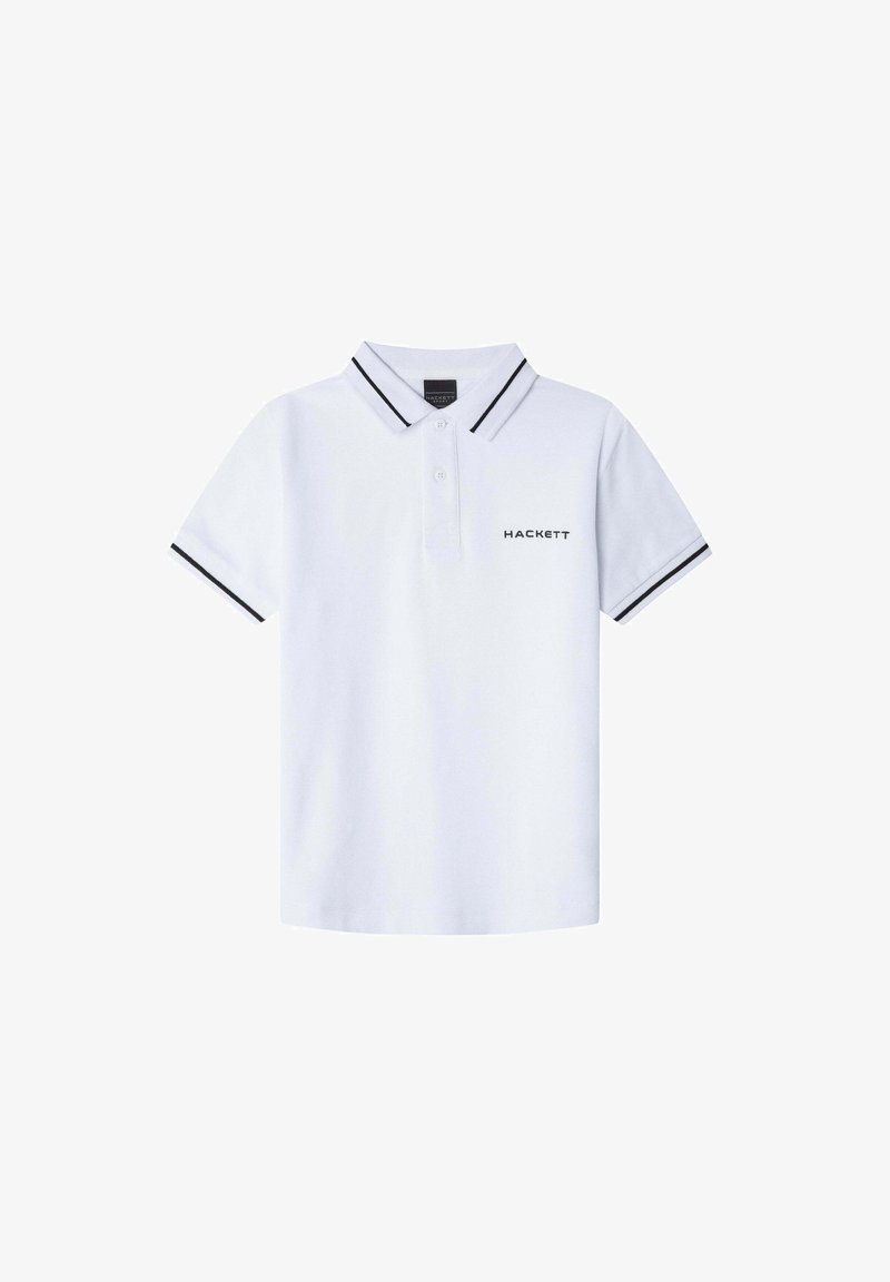 Biała koszulka polo z czarnymi detalami na kołnierzyku i rękawach; posiada logo z przodu, które brzmi "HACKETT". Wykonana z teksturowanej bawełny.