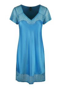 Roba da notte blu in satin con accentuazioni in pizzo sul collo e sull'orlo. Presenta maniche corte con bordi ondulati e una silhouette fluida.