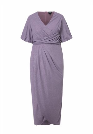 Laventelinsininen kimaltava midimekko, jossa on V-aukko, lyhyet leveät hihat, istutettu vyötärö ja kietaisutyyppinen hame.