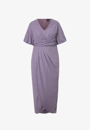 Lavendelschimmer Midi-Kleid mit V-Ausschnitt, kurzen weiten Ärmeln, tailliertem Bund und Wickelrock.