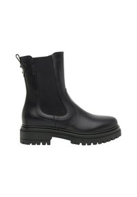 Stivale alla caviglia nero in pelle liscia con pannelli laterali elastici, suola in gomma spessa e linguetta; caratterizzato da una punta rotonda e dettagli di cucitura.