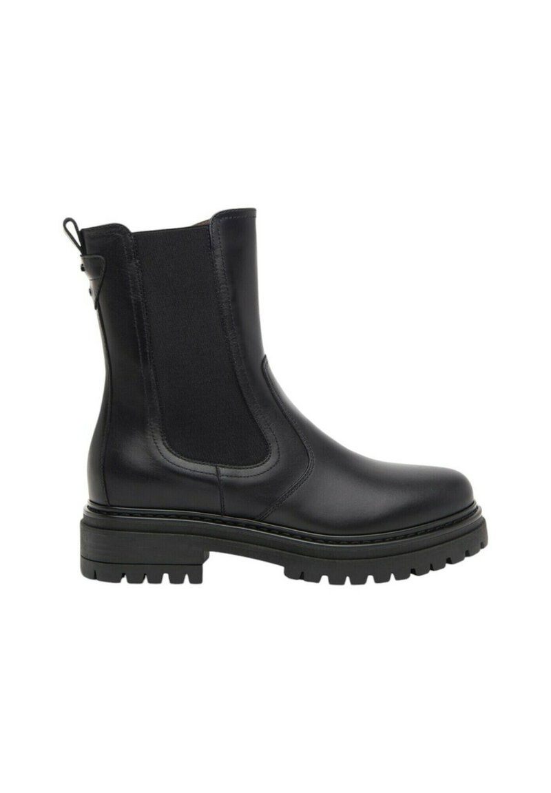Stivale alla caviglia nero in pelle liscia con pannelli laterali elastici, suola in gomma spessa e linguetta; caratterizzato da una punta rotonda e dettagli di cucitura.