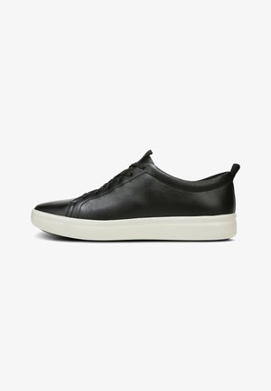 Black leather sneakers with a smooth finish, rounded toe, and white rubber outsole. Features laces and a rear pull tab for easy wear.