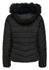 Svart puffjacka med huva i fuskpäls, med en quiltad design och chevron-mönstrad sömnad i nedre delen av ryggen.