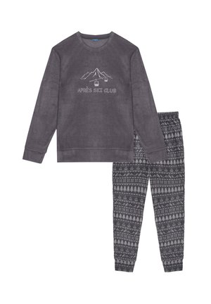 Gray fleece long-sleeve top with mountain and text design; matching pajama pants feature a knitted pattern of trees and snowflakes.