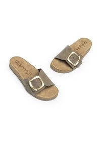 Gray suede slide sandals with a wide strap, featuring a large gold buckle accent and a textured beige footbed. Durable rubber sole.