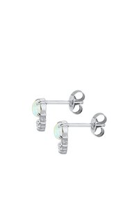 Orecchini a bottone in argento con un centrale in opale e piccole pietre trasparenti, dal design elegante e finitura lucida.
