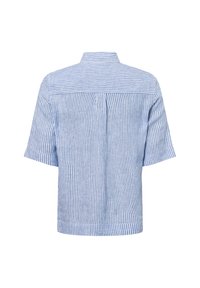 Short-sleeved, light blue shirt with vertical white stripes, a collar, and a back yoke design, made from a textured linen fabric.