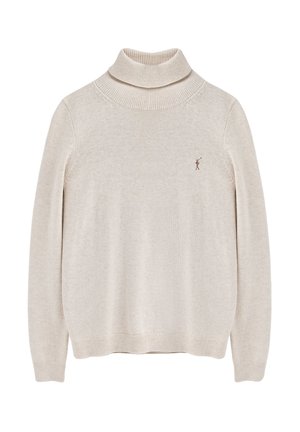 Jersey de cuello alto beige hecho de tela de punto suave. Presenta un cuello y puños acanalados, con un pequeño logotipo en el pecho. Ajuste clásico.