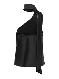 Haut asymétrique en satin noir avec un large lien au cou et un design sans manches.
