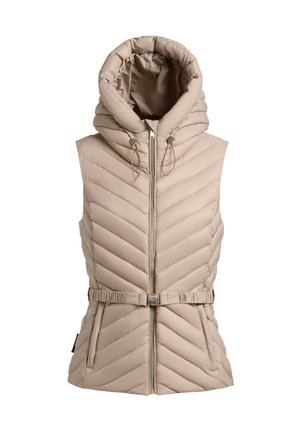 Bézs, ujjatlan, steppelt mellény párnázott kapucnival, elöl cipzárral, állítható húzózsinórokkal, oldalzsebekkel és derékon csattos övvel.
