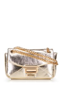 Gold metallic handbag with a chain shoulder strap, featuring a folded design and a rectangular clasp detail. Brand label visible on the front.