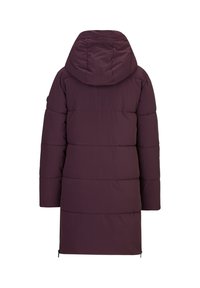 Paarse lange pufferjas met een capuchon, voorzien van een doorgestikt ontwerp, zijritsen en een rechte snit. Soepele textuur en egale kleur.