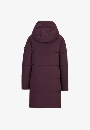 Paarse lange pufferjas met een capuchon, voorzien van een doorgestikt ontwerp, zijritsen en een rechte snit. Soepele textuur en egale kleur.