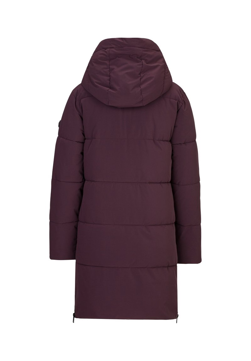 Paarse lange pufferjas met een capuchon, voorzien van een doorgestikt ontwerp, zijritsen en een rechte snit. Soepele textuur en egale kleur.