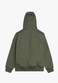 Oliwkowa kurtka z kapturem, z długimi rękawami, żebrowanymi mankietami i dolnym wykończeniem, pokazana z tyłu na białym tle.