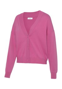 Roza kratka kardigan z dolgimi rokavi, izdelan iz mehkega pletenega materiala; ima V-izrez, gumbasto zapiranje ter rebraste manšete in spodnji rob.
