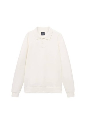 Long-sleeve, cream polo shirt made of soft material. Features a classic collar and three-button placket, with ribbed cuffs and hem.