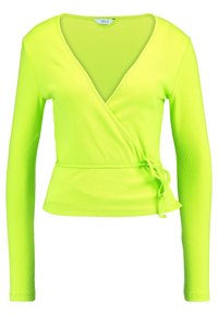 Neon-grön långärmad wrap-topp i ribbtextur med djup V-halsringning, som har en knytning i midjan för justerbar passform.