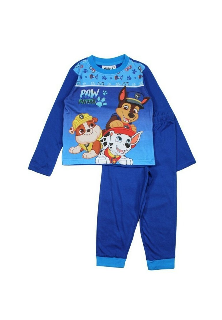 Ensemble de pyjama bleu comprenant un haut à manches longues avec un motif de trois personnages de dessins animés de chiens. Le pantalon possède une taille élastique et des poignets assortis en bleu.