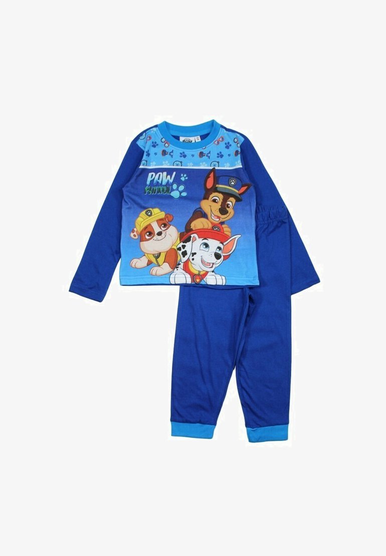 Ensemble de pyjama bleu comprenant un haut à manches longues avec un motif de trois personnages de dessins animés de chiens. Le pantalon possède une taille élastique et des poignets assortis en bleu.