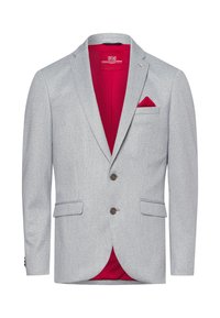 Hellgrauer Blazer aus strukturiertem Stoff, mit rotem Innenfutter, zwei Fronttaschen, zwei braunen Knöpfen und einer Brusttasche mit rotem Taschentuch.