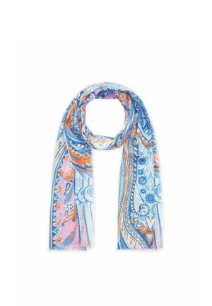 Leichter Schal mit blauen, orangefarbenen und pinkfarbenen, kunstvollen Paisley- und Blumenmustern, locker um eine Schlaufe gelegt vor weißem Hintergrund.