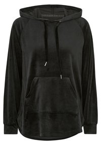 Zwarte hoodie van zacht fluwelen materiaal, met een voorvak, verstelbare trekkoorden en raglanmouwen. Afgeronde zoom en een ontspannen pasvorm.