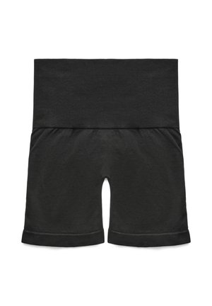 Czarne elastyczne bawełniane spodenki sportowe z szerokim pasem, krótkim krojem wewnętrznym i gładkim wykończeniem, charakteryzujące się delikatnym połyskiem i podwiniętymi brzegami.