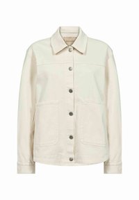 Light beige denim jacket with a button-up front, two large front pockets, a classic collar, and cuffed long sleeves. Smooth texture.