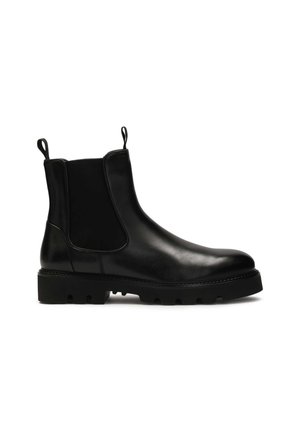 Schwarze Leder Chelsea-Stiefel mit elastischen Seiteneinsätzen, Zugschlaufen und einer robusten Gummisohle mit ausgeprägtem Profil.