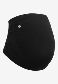 Fascia per gravidanza nera realizzata in tessuto elasticizzato con parte superiore a coste e pannelli laterali in rete per la traspirabilità. Caratterizzata da un piccolo dettaglio con logo.