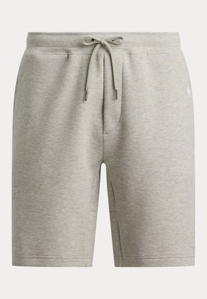 Light gray knee-length sweat shorts with an elastic waistband and drawstring, featuring a subtle embroidered logo on the right side.