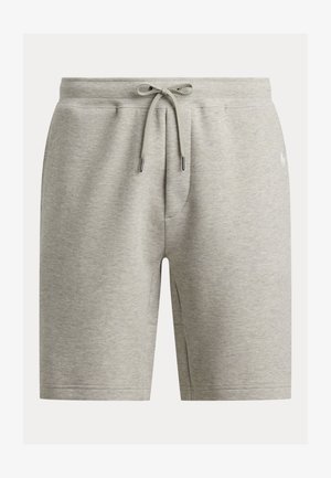 Lichtgrijze sweatshorts tot op de knie met een elastische tailleband en trekkoord, met een subtiel geborduurd logo aan de rechterkant.