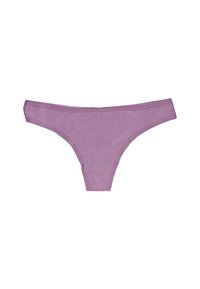 Lila Tanga aus weichem Stoff, mit einem niedrig geschnittenen Design und minimaler Abdeckung. Glatte Kanten ohne Verzierungen.