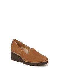 Brown suede wedge shoe with a rounded toe, slip-on design, and textured dark brown rubber sole. Features minimal stitching accents.