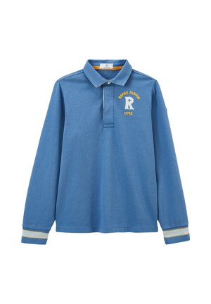 Polo bleu à manches longues avec col, présentant un logo brodé jaune et l'année '1992'. Décorations rayées sur les manches. Matière en coton.