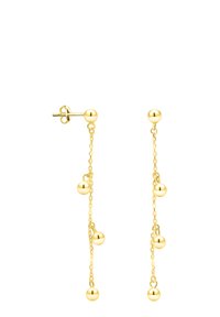 Guldtonade hängande örhängen med en kedja och tre sfäriska detaljer, slät yta och en pluggstängning för säker bärning.