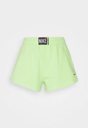 Pantaloni corti Nike di colore verde neon con cintura elastica, caratterizzati da un logo Nike nero sulla gamba sinistra e un'etichetta sul retro.