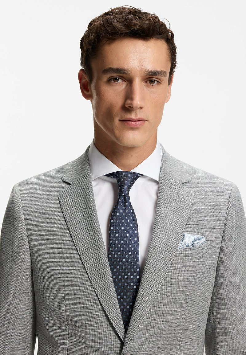 Man draagt een lichtgrijs colbert, wit overhemd, donker patroonstropdas en een lichtblauw pochet tegen een effen achtergrond.