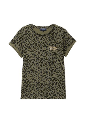 T-shirt vert olive avec imprimé léopard noir ; manches courtes avec ourlets roulés ; présente le texte "dancing queen" en doré. Matière en coton doux.