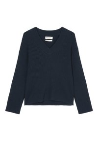 Pull tricoté côtelé bleu marine avec col en V, manches longues et ourlet court. Présente une surface texturée et une coupe décontractée.